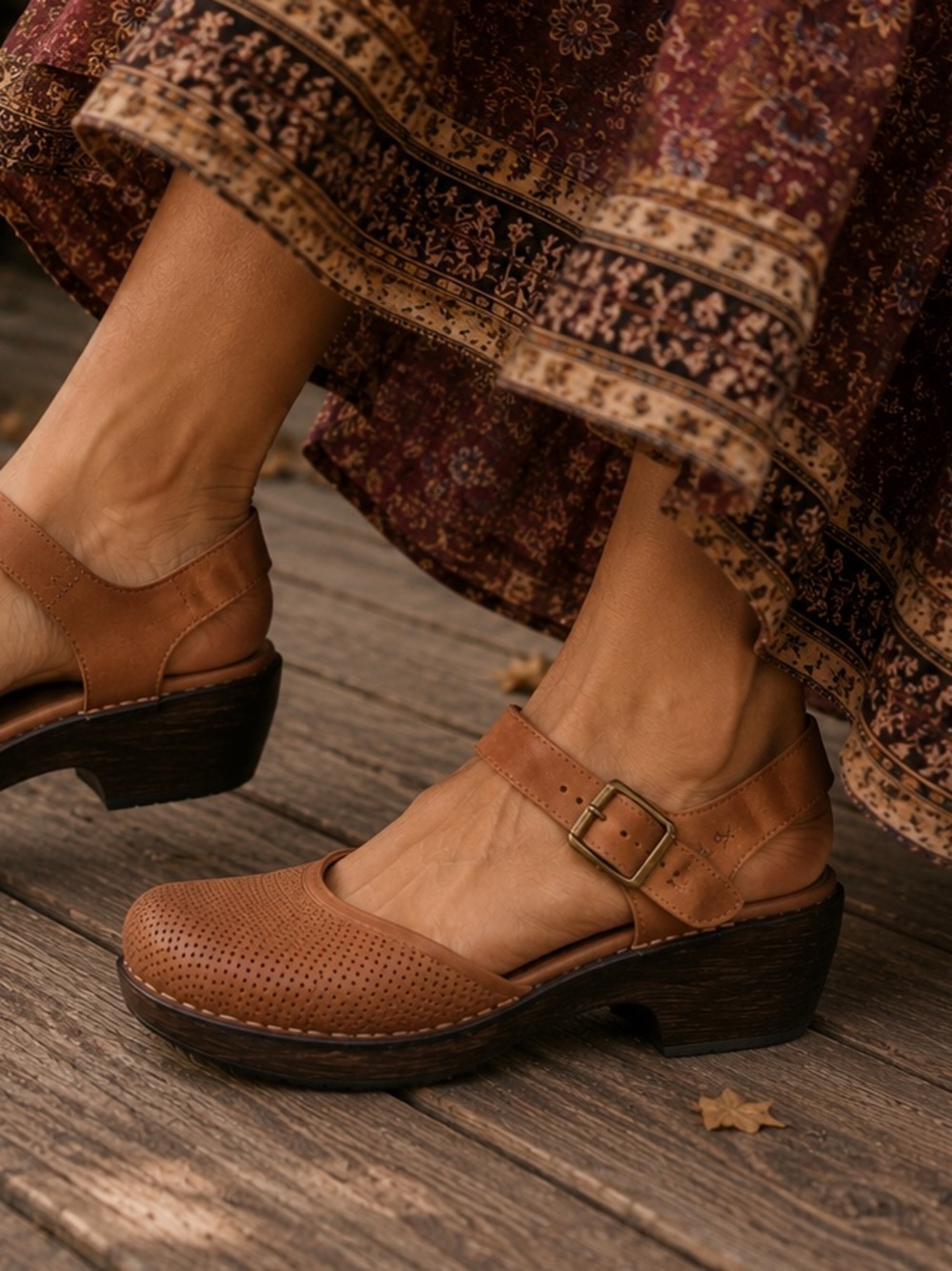 B.O.C. Brown Leather Mary Jane Clog Mules with Buckle